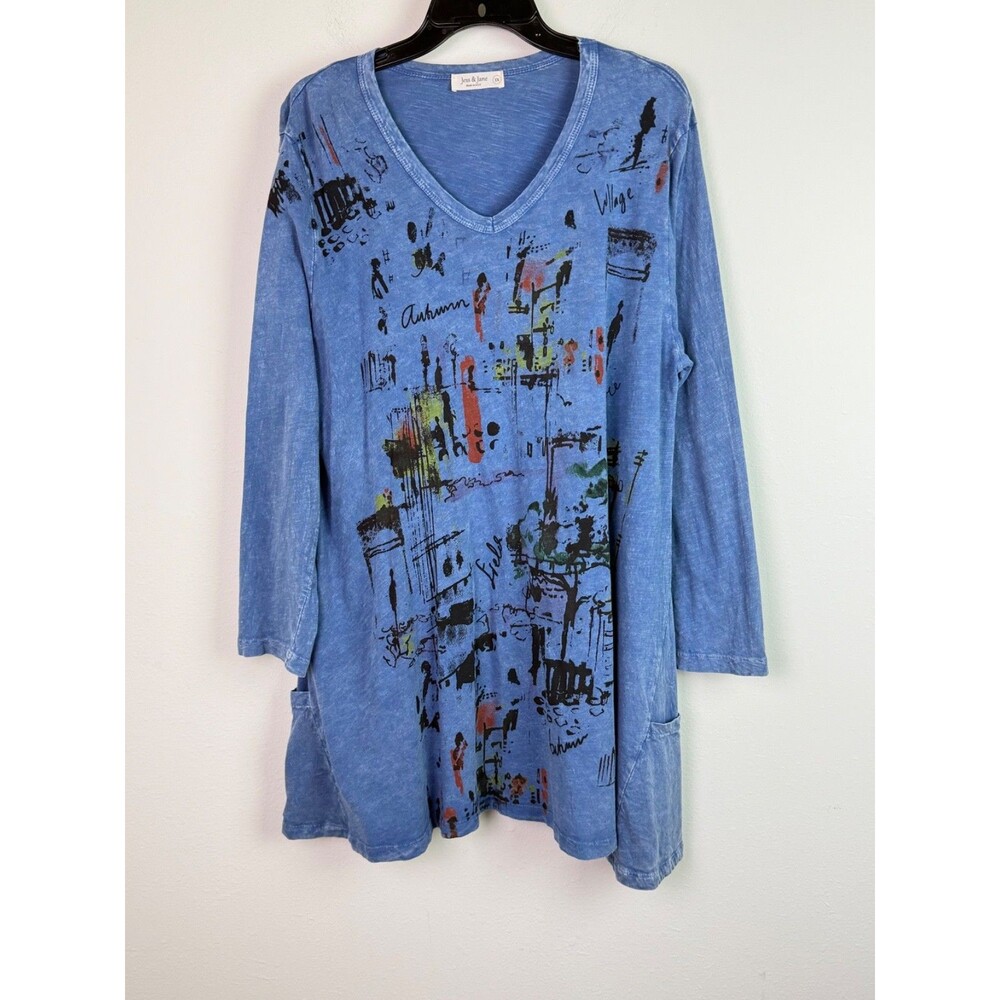 Jess & Jane Blue Cotton Graphic Print Tunic Top Plus Sz 1X Lagenlook Artsy Boho